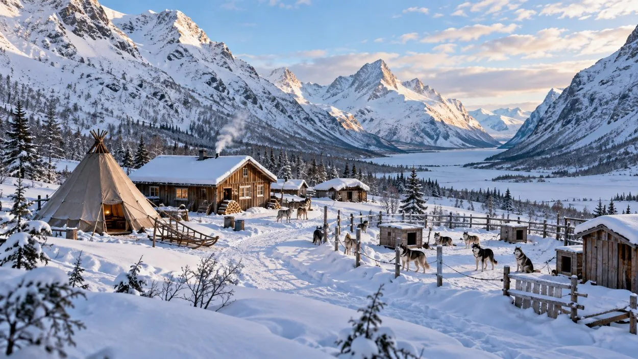 Vallée enneigée à l'intérieur des terres depuis Tromsø, où se trouvent les camps