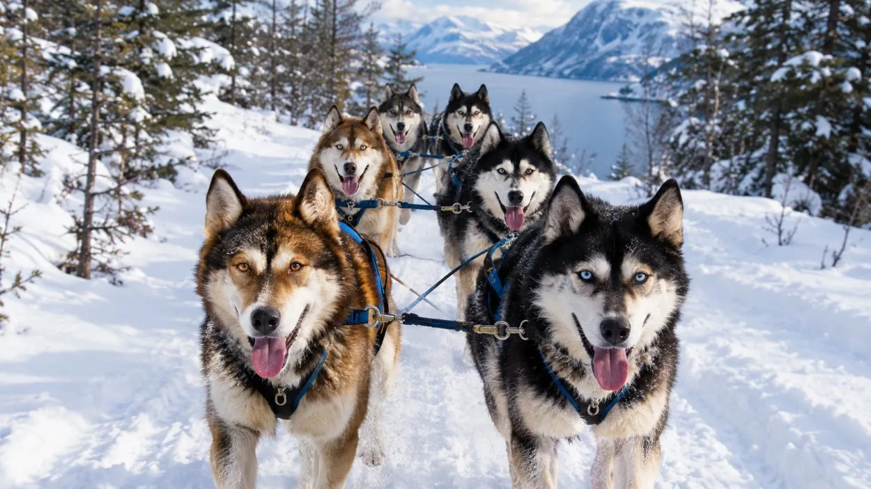 Des Alaskan huskies en harnais dans un camp à l'extérieur de Tromsø