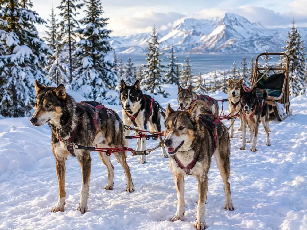 Une équipe d'Alaskan huskies attendant en harnais avant une course près de Tromsø