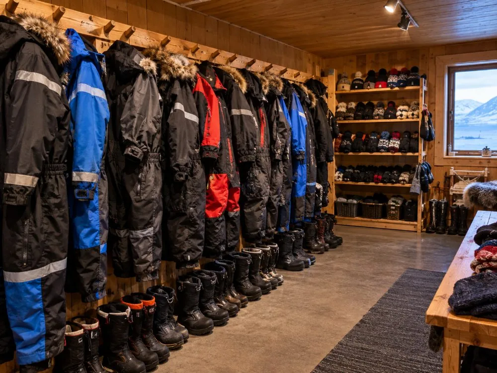 Combinaisons thermiques et bottes d'hiver suspendues dans une pièce d'équipement du camp