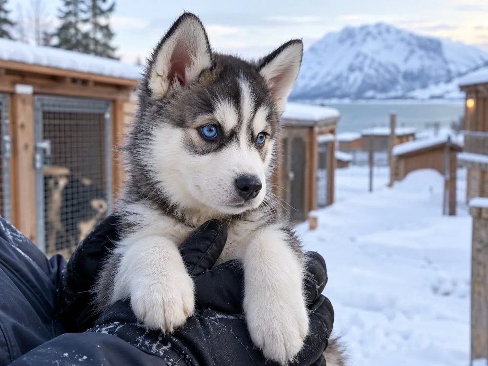 Un chiot husky manipulé lors d'une visite de chenil près de Tromsø